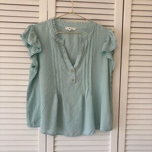 Mine Light Mint Green 100% Rayon Pullover Blouse with Ruffle Sleeves Lace Large